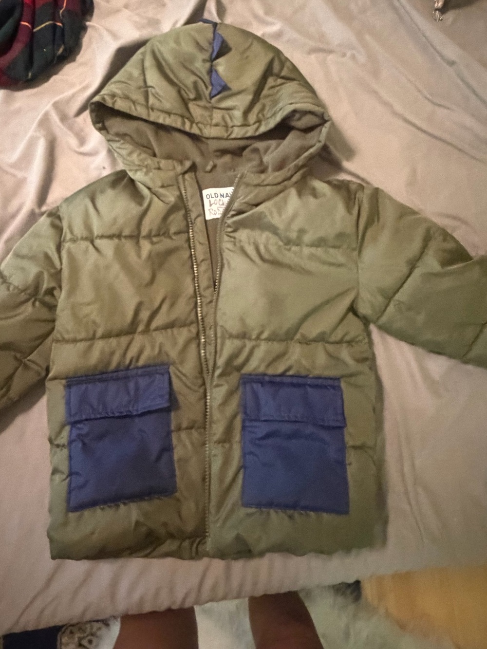 Old Navy Olive Green Puffer Jacket with Blue Pocket Accents